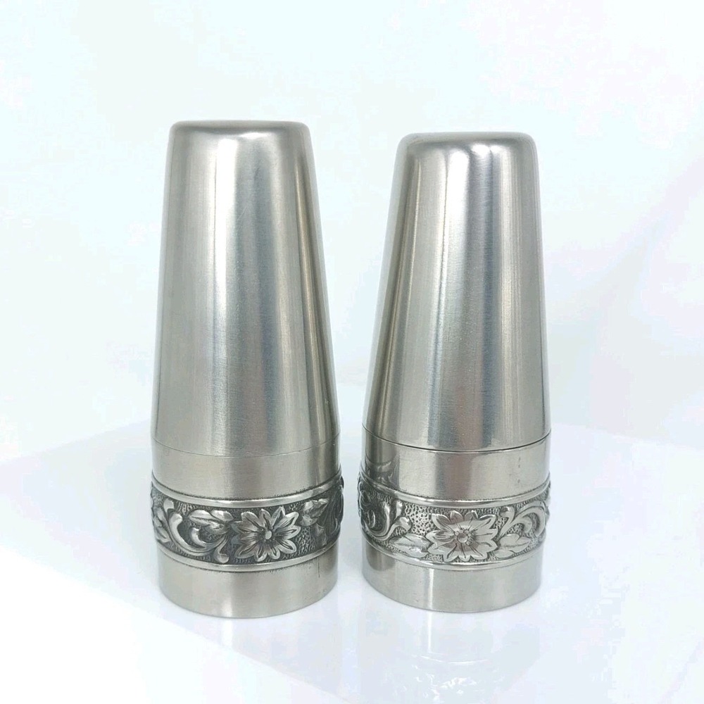 VTG 1970 Stanley Roberts ISC Salt & Pepper Shakers 18-8 Stainless Floral Japan